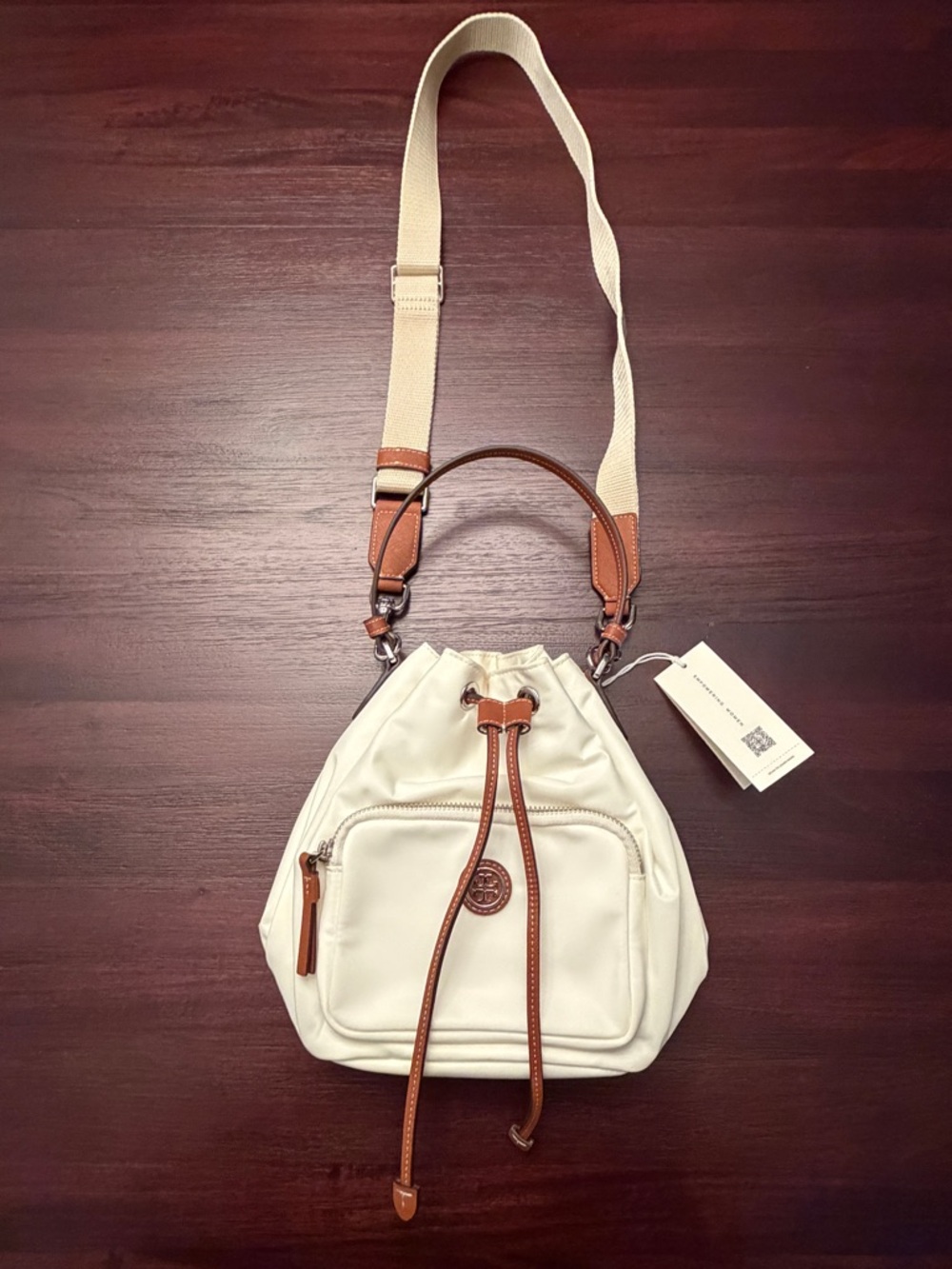 Tory Burch Virginia Bucket Bag with Drawstring with Tan Trim
